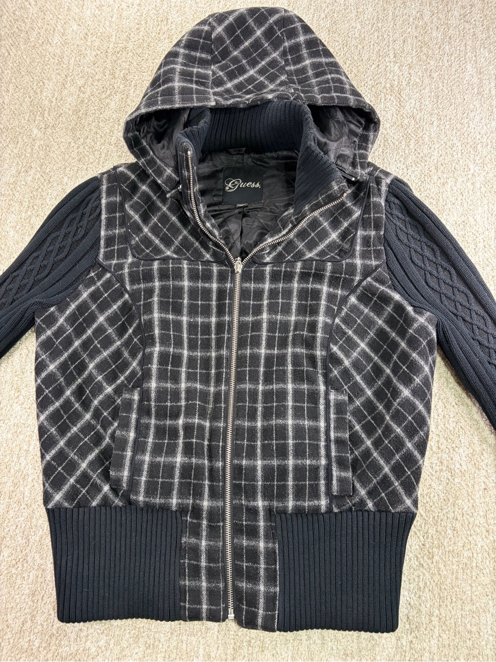 VTG Y2K Guess Plaid Mixed Media Bomber Jacket Hooded Cable Knit XL